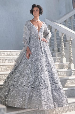 Seema Gujral Silver Cut Work Jacket Lehenga Set 