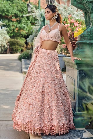 Seema Gujral Three-Dimensional Peach Lehenga Set 