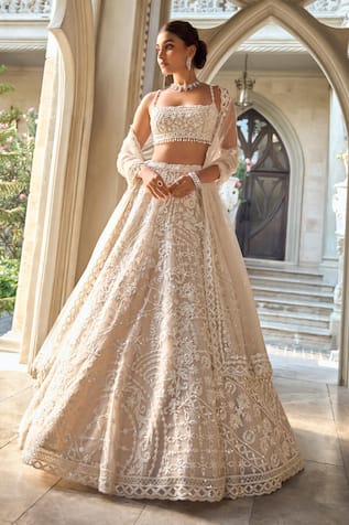 Seema Gujral Beige Abstract Dori Lehenga Set 