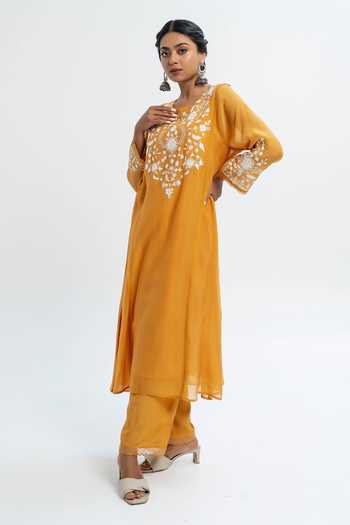 Pants And Pajamas Chanderi Embroidered Long Kurta 