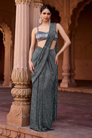SAANJH BY LEA Designer Pre-Draped Grey Satin Saree With Blouse 