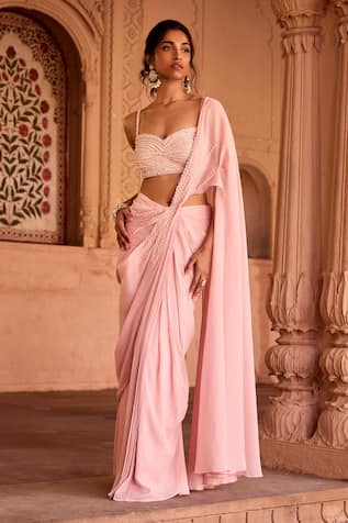 SAANJH BY LEA Baby Pink Pre-Draped Saree Set 