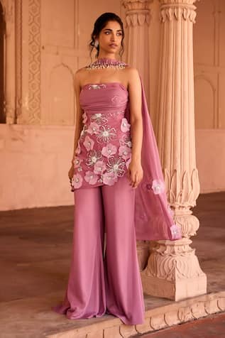 SAANJH BY LEA Pink Georgette Embroidered Kurta Set 