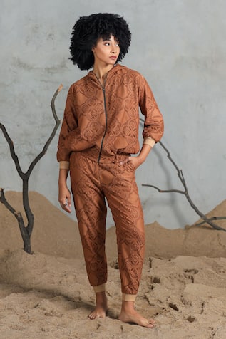 Coeur Brown Embroidered Jacket & Pant Set 