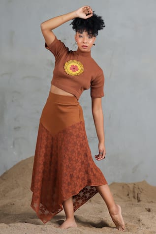 Coeur Brown Floral Net Crop Top & Skirt Set 