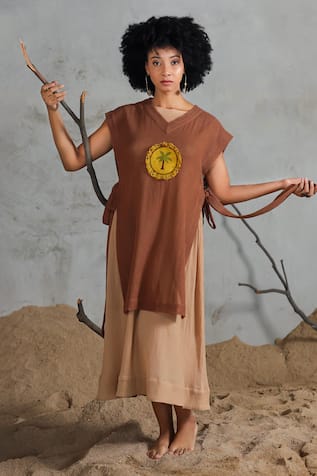 Coeur Brown Midi Dress with Bib Overlay 