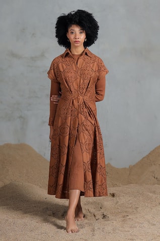 Coeur Brown Organic Cotton Midi Dress With Overlay 