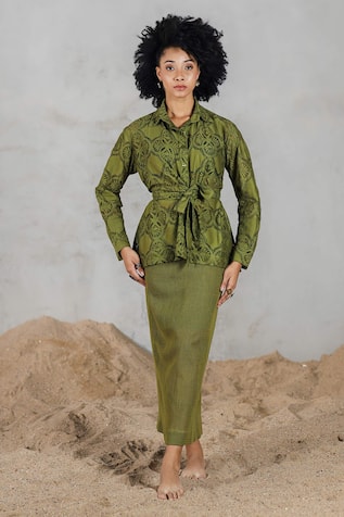 Coeur Green Cotton Knitted Net Skirt Set 