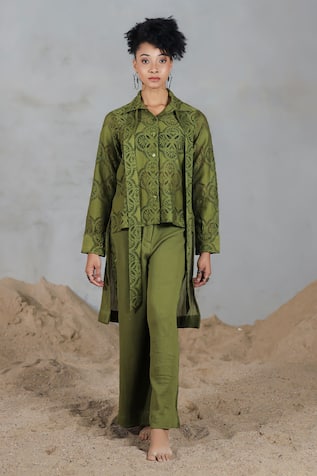 Coeur Green Embroidered Shirt Pant Set 