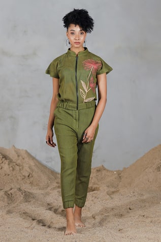 Coeur Green Cotton Knitted Net Pant Set 