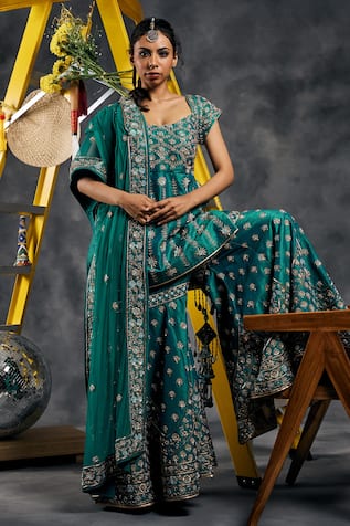 Vandana Sethi Rama Green Embroidered Kurta Sharara Set 