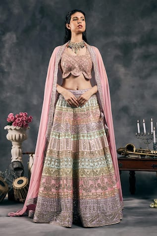 Vandana Sethi Multi-color Mirror Embroidered Lehenga Set 