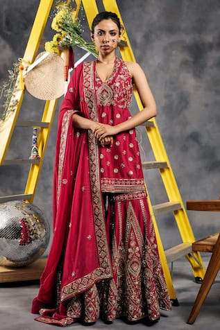 Vandana Sethi Red Dabka Embroidered Kurta Sharara Set 