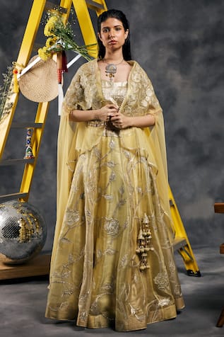 Vandana Sethi Gota Embroidered Yellow Fusion Lehenga Set 