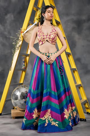 Vandana Sethi Blue & Green Gota Embroidered Fusion Lehenga With Blouse 