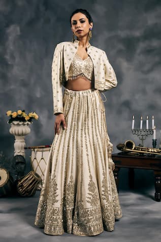 Vandana Sethi Ivory Mirror Embroidered Fusion Lehenga Set 