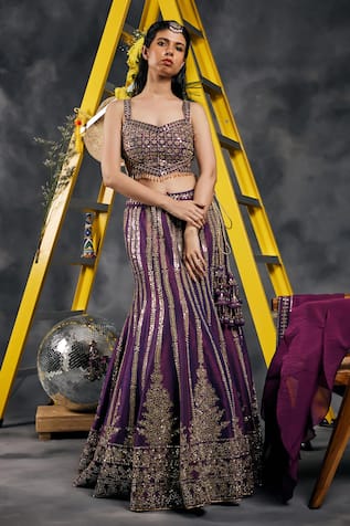 Vandana Sethi Purple Mirror Embroidered Lehenga Set 