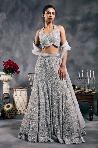 Vandana Sethi Silver Sequined Fusion Lehenga Set 