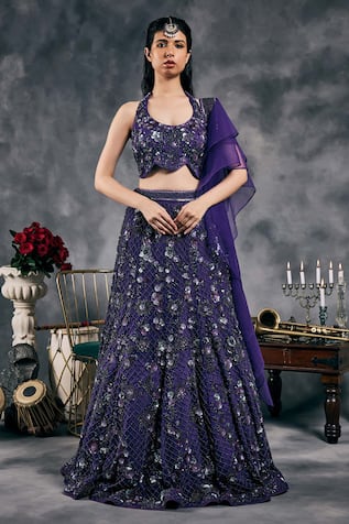 Vandana Sethi Purple Mirror Embroidered Fusion Lehenga Set 