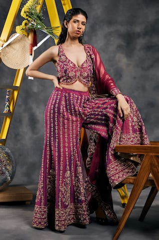 Vandana Sethi Wine Dabka Embroidered Sharara Set 
