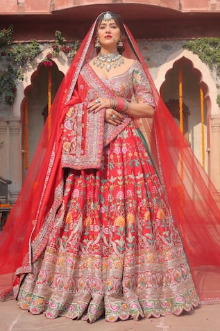 Amaltas Couture Red Silk Embroidered Bridal Lehenga Set 