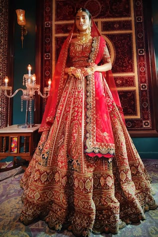 Amaltas Couture Ruby Red Zardozi Embroidered Lehenga Set 