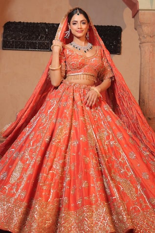 Amaltas Couture Rust Orange Sequined Bridal Lehenga Set 