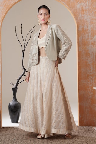 Surabhi Arya Golden Beige Embroidered Jacket & Sharara Set 