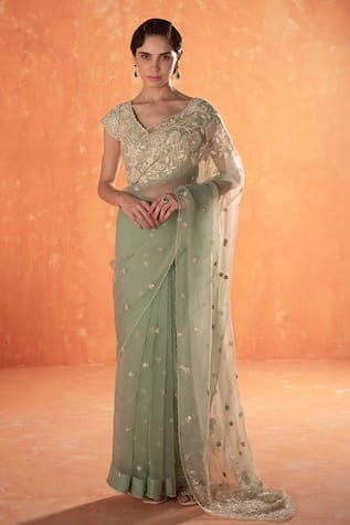 Summer by Priyanka Gupta Teal Organza Embroidered Sparrow Saree Set 