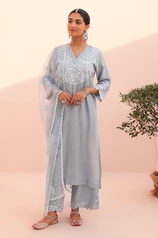 Charu Makkar Tissue Chanderi Embroidered Kurta Set 