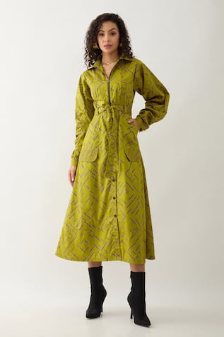 Son Of A Noble Snob Leaf Green Pathway Print Midi Dress 