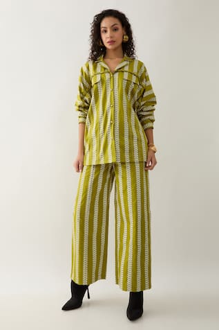 Son Of A Noble Snob Leaf Green Catkin Print Shirt & Trouser Set 