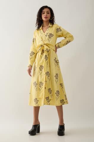 Son Of A Noble Snob Lemon Yellow Farm Print Midi Dress 