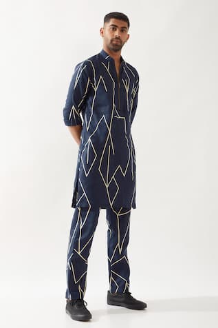 Son Of A Noble Snob Navy Printed Slim Fit Kurta Set 