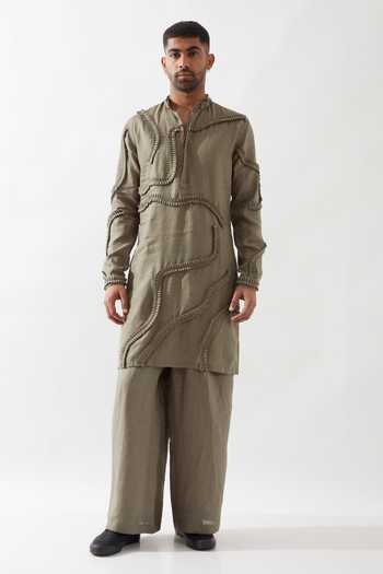 Son Of A Noble Snob Olive Caterpillar Texture Kurta Set 