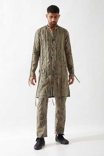 Son Of A Noble Snob Olive Printed Slim Fit Kurta Set 