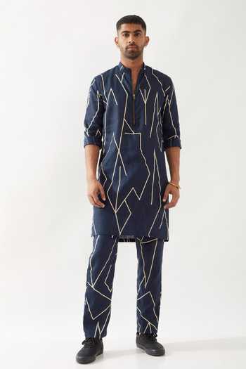 Son Of A Noble Snob Navy Slim Fit Printed Kurta 