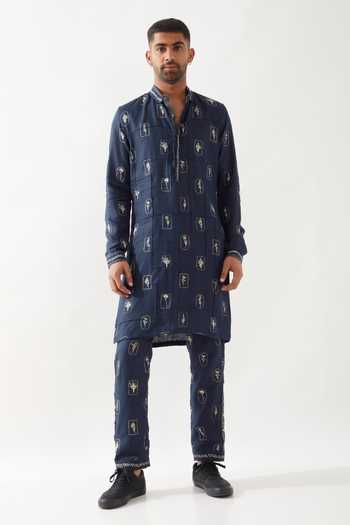Son Of A Noble Snob Navy Printed Slim Fit Kurta 