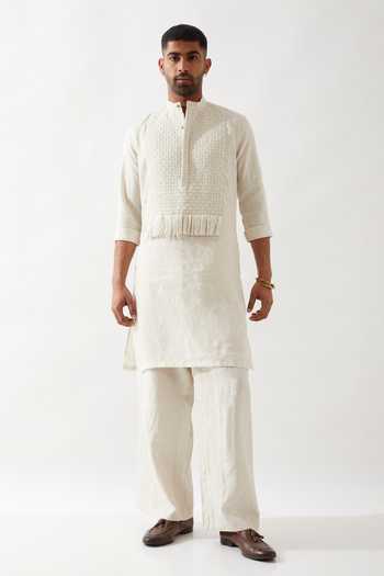 Son Of A Noble Snob Ivory Basket Weave Linen Kurta 