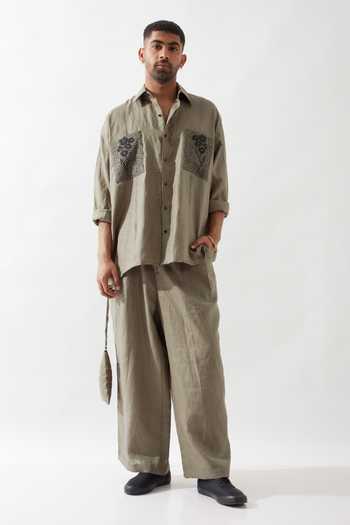 Son Of A Noble Snob Olive Anti Fit Hand Embroidered Shirt 