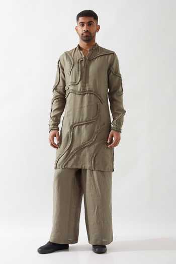 Son Of A Noble Snob Olive Caterpillar Texture Kurta 