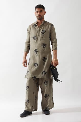 Son of A Noble Snob Olive Printed Slim Fit Kurta 