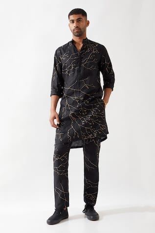 Son of A Noble Snob Slim Fit Printed Black Kurta 