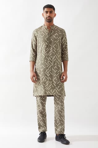 Son of A Noble Snob Olive Printed Slim Fit Kurta 