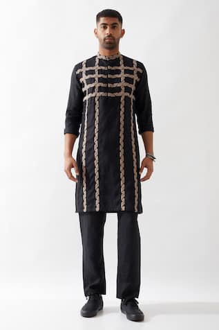 Son of A Noble Snob Black Caterpillar Texture Kurta 