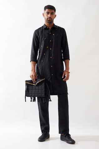 Son of A Noble Snob Stylized Black Linen Kurta 