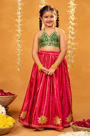 JILMIL DREAMWEAR Green & Pink Banarasi Brocade Lehenga Set 