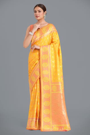 Naintara Bajaj Yellow Banarasi Silk Saree Set 