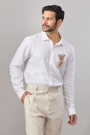 Deer Placement Embroidered Casual Shirt 