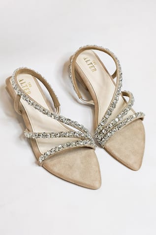 The Alter Kiara Beige Embellished Block Heels 
